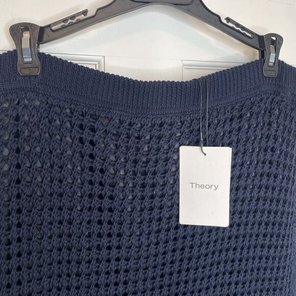 NWT Theory Women's Navy Blue Crochet Cotton Textured Knit Midi Pencil Skirt Sz L - Picture 2 of 16
